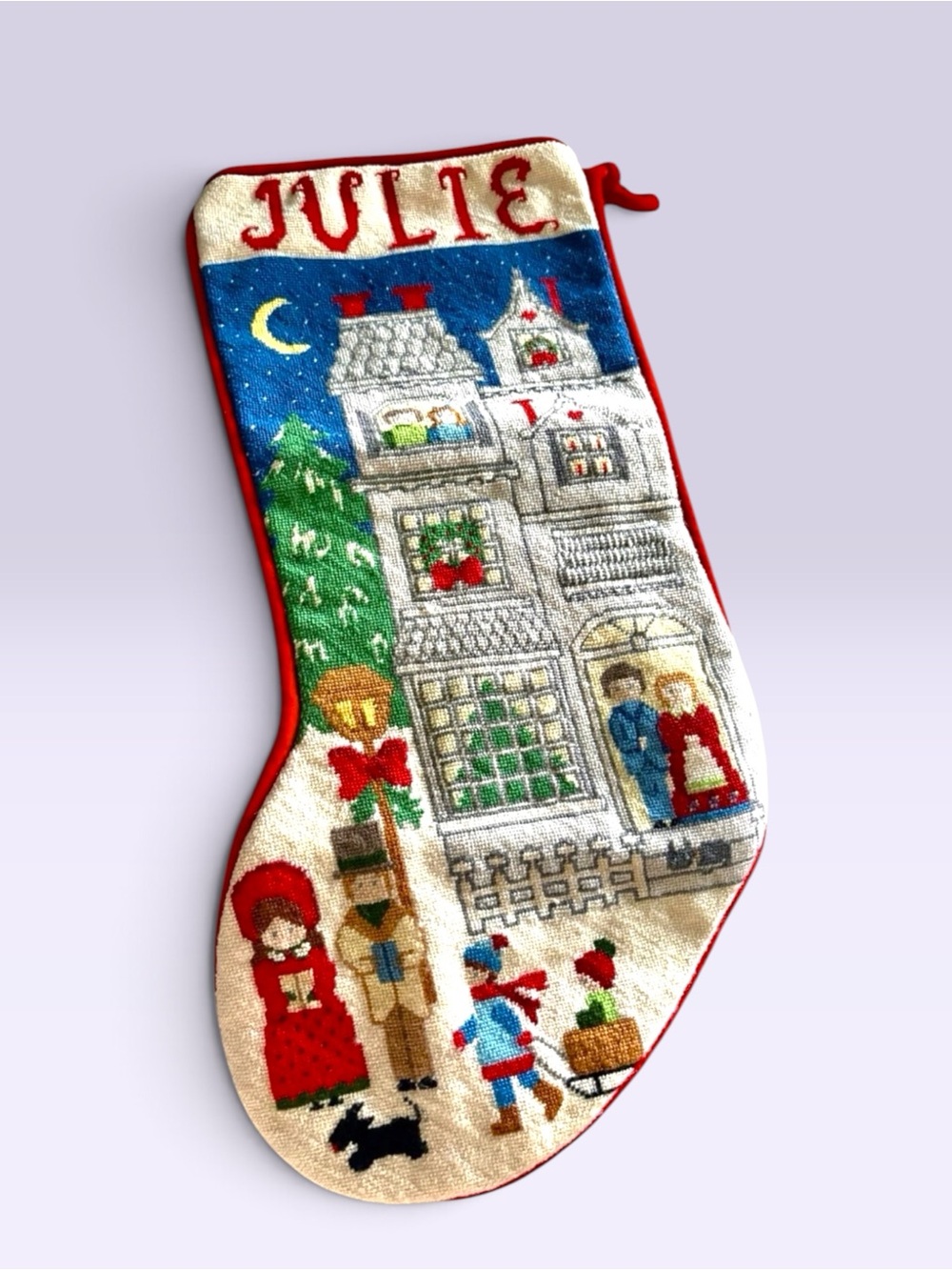 VTG Christmas Stocking Wool Needlepoint Day Before Christmas 18” and Red Velvet